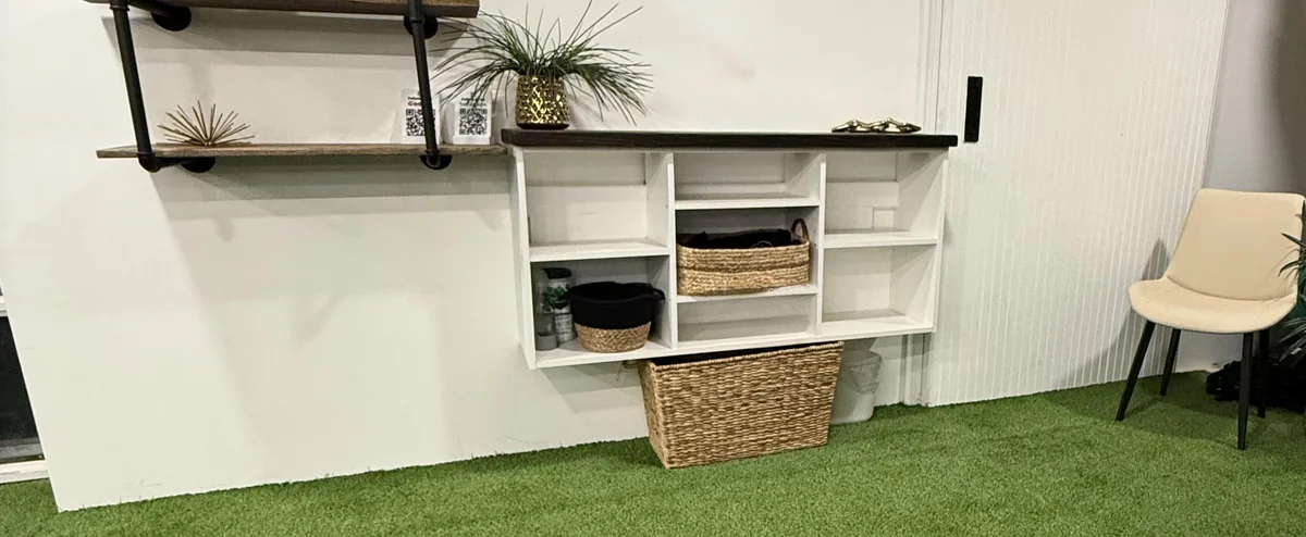 The training floor with shelves and equipment